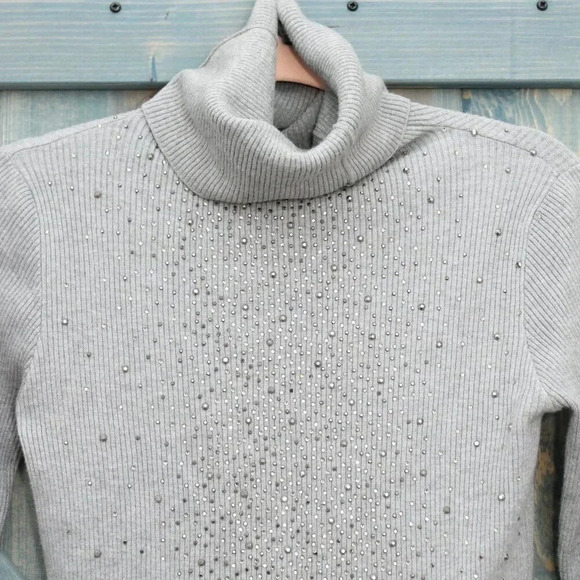 Gray Rhinestone Sparkle Dressy Joenia Wool Lana Sweater Soft Stretchy Knit - Picture 2 of 9